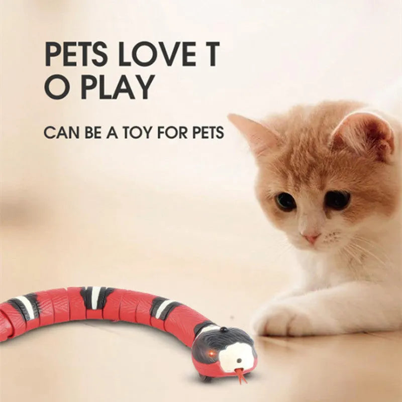 Interactive electric induction snake cat toy with flashing eyes and retractable tongue, USB rechargeable, in snake colour