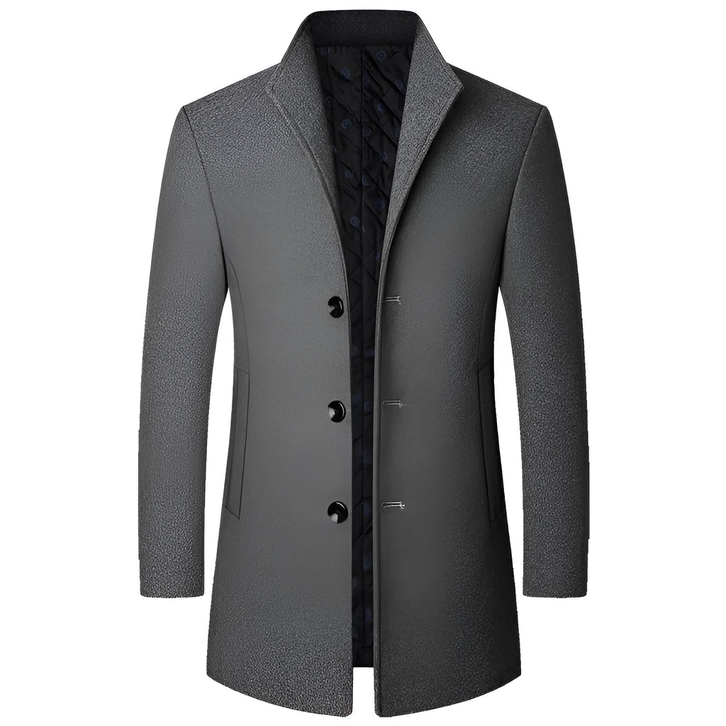 Men's wool-polyester blend solid colour casual coat for autumn and winter, front view