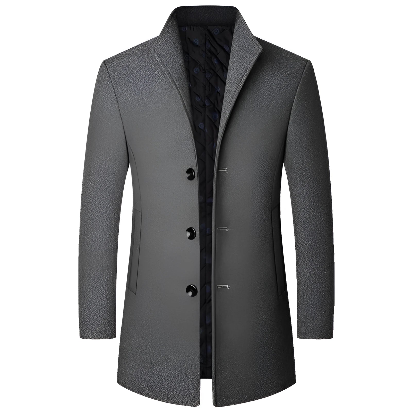 Men's wool-polyester blend solid colour casual coat for autumn and winter, front view