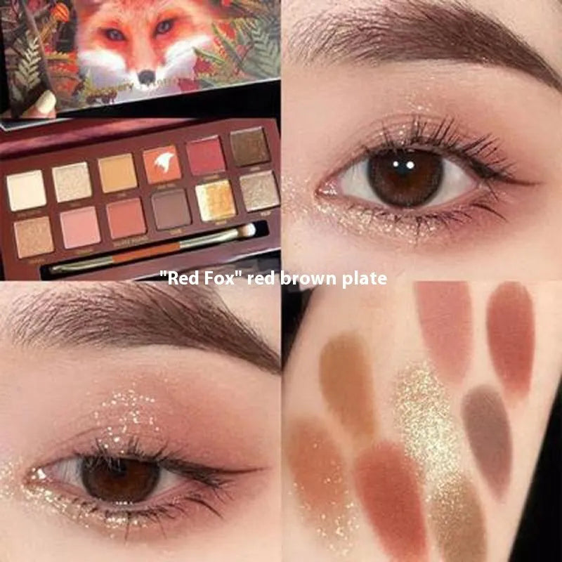 Explorer animal theme eyeshadow palette showing twelve colours across nine named plates.