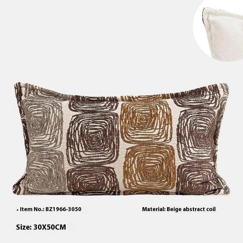 Cream and coffee coloured abstract coil pattern pillow cover in square and lumbar sizes.