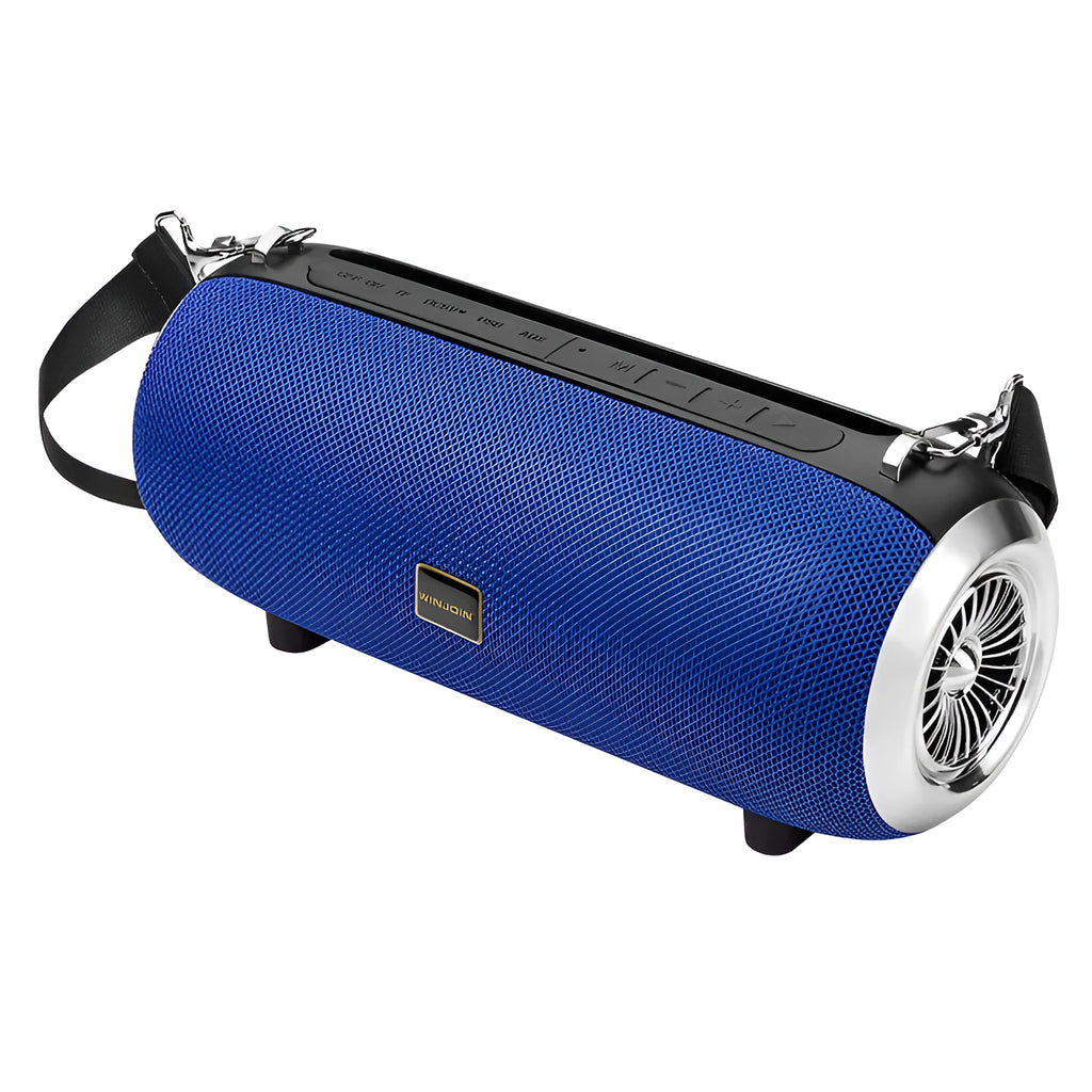 F666 mini portable Bluetooth speaker in black with fabric mesh finish, shoulder strap, and retractable FM antenna.