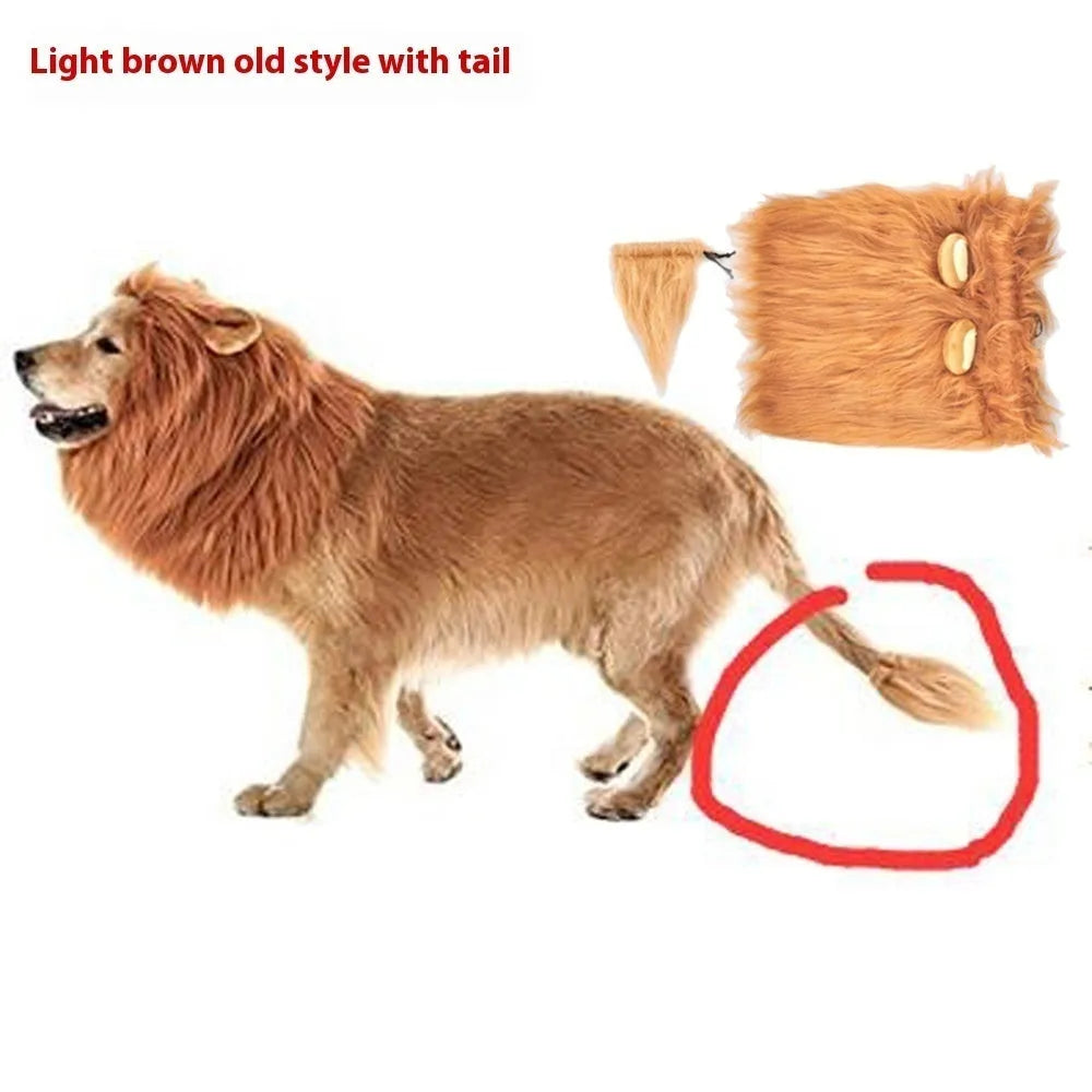 Pet dog wearing lion head cover costume with realistic fur in choice of black, light brown or red brown colours