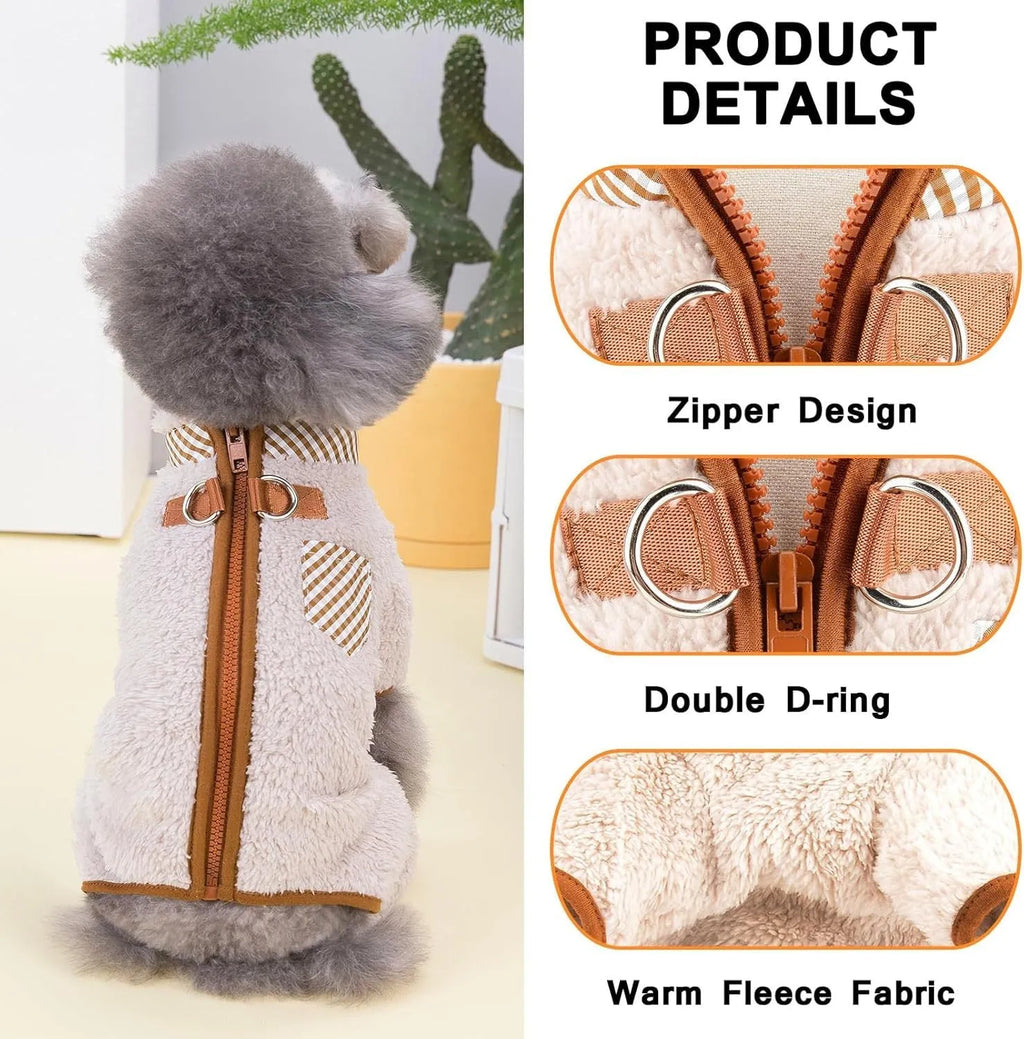 Small dog wearing green fleece coat with back zipper, four-leg winter pajamas for Chihuahua size