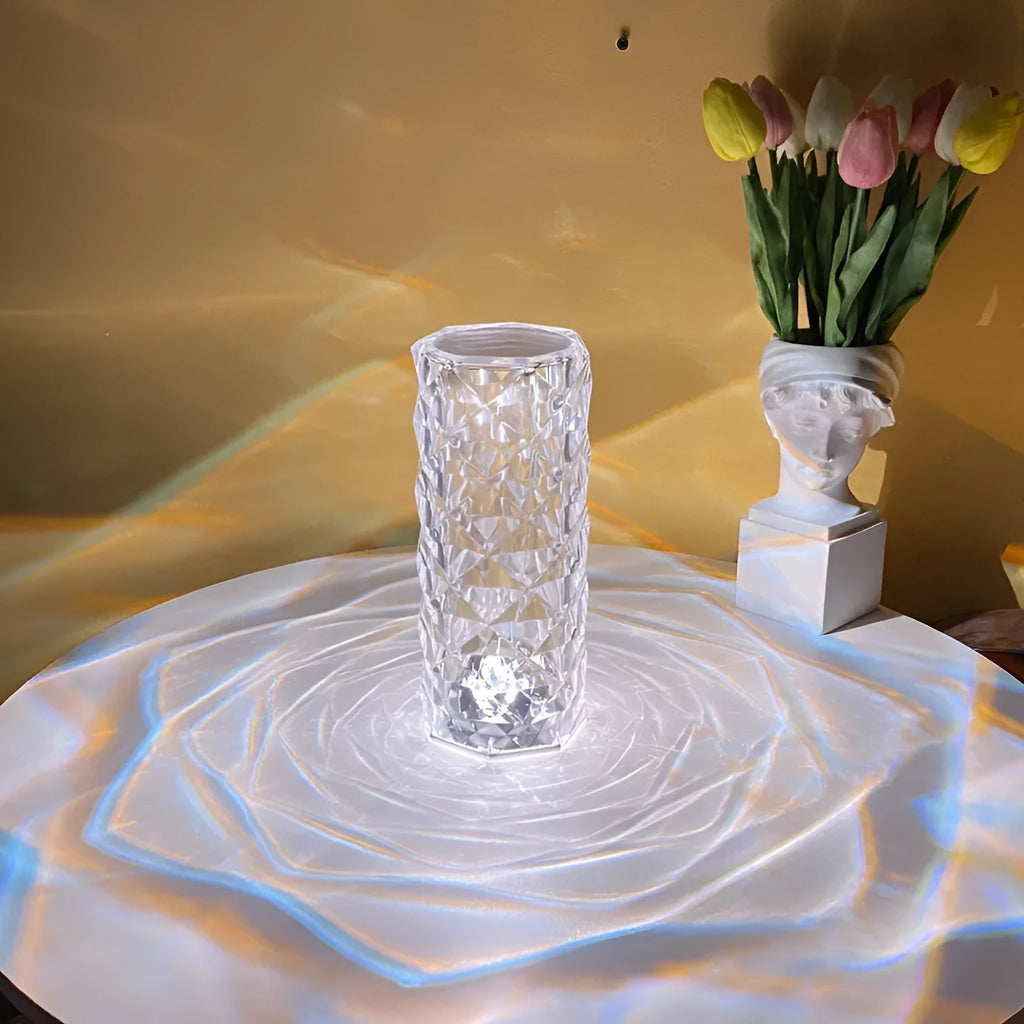 LED crystal rose diamond table lamp with PAMA acrylic construction showing three-tone lighting options