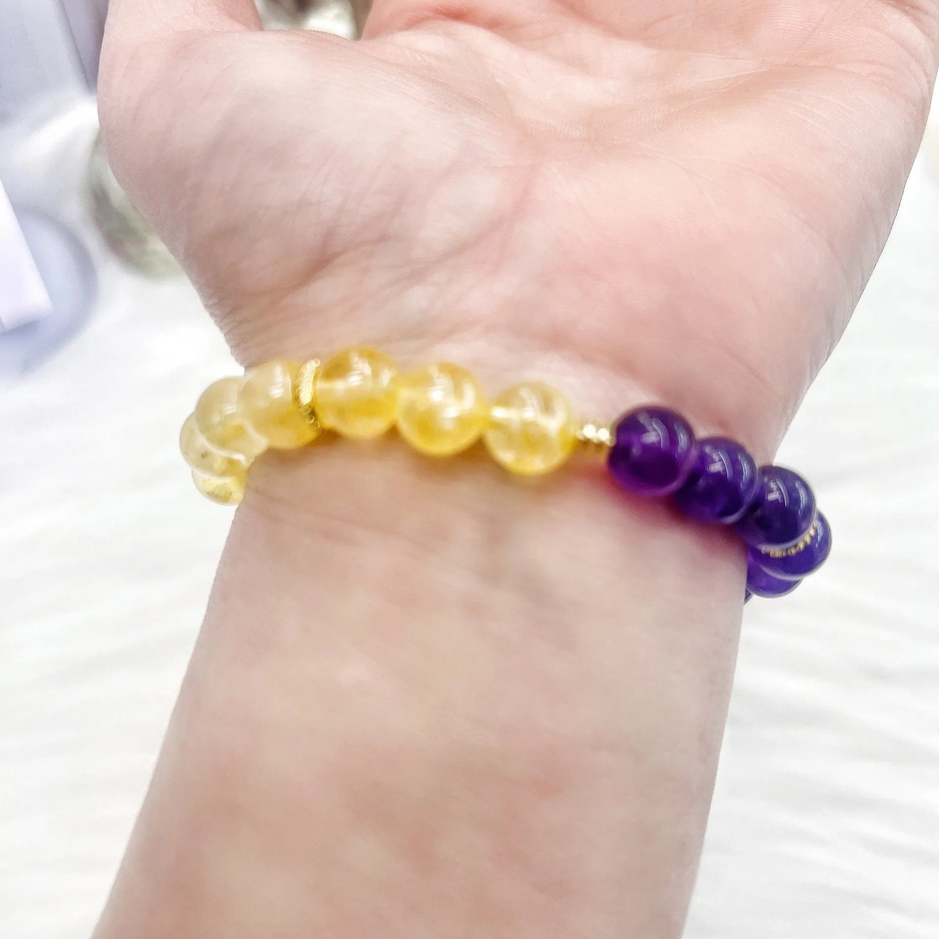 Handmade yellow and purple amethyst crystal bracelet for women with niche style design