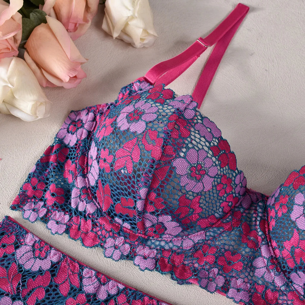 Rose red women's bikini with contrast embroidery detail, polyester fabric construction
