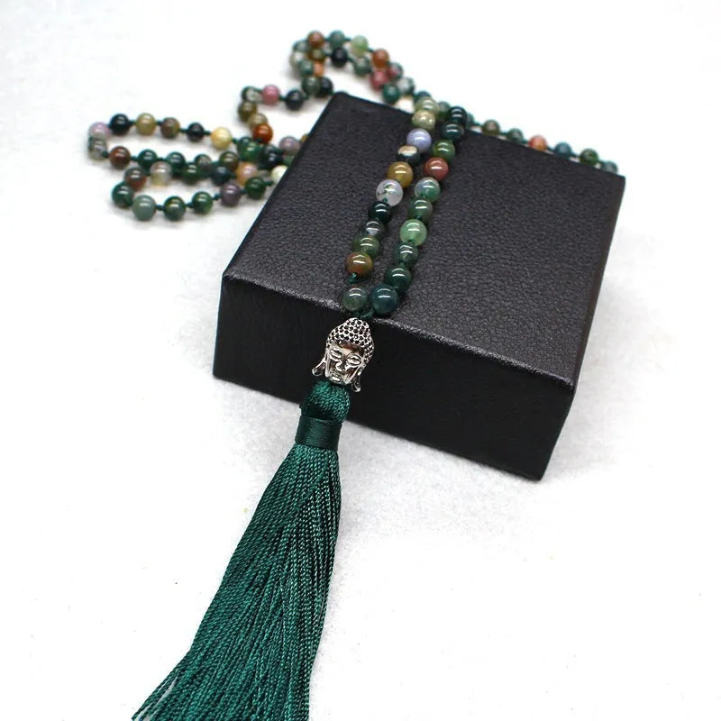 Indian agate 108-bead blessing necklace with 6mm geometric stones on a cord.