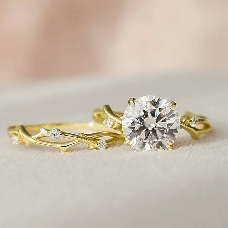 Rose gold copper geometric couple ring set with simulation diamonds on a white background, size No.8 shown