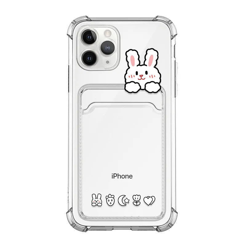 Cartoon design transparent TPU iPhone case with a built-in card holder slot on the back.