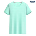 Crystal silk round neck quick-drying T-shirt in a solid colour on a hanger.