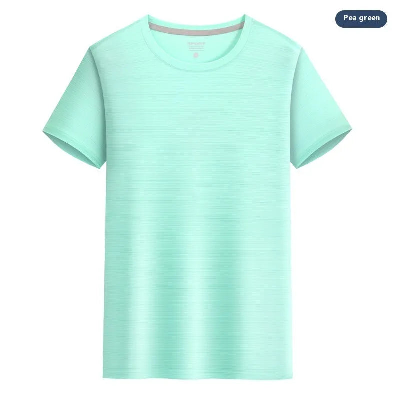 Crystal silk round neck quick-drying T-shirt in a solid colour on a hanger.
