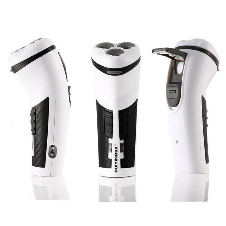 Black compact travel electric shaver with protective cap on a white background
