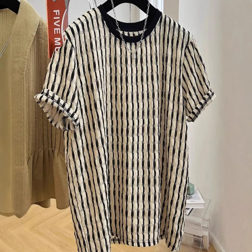 Men's black striped linen short sleeve shirt in loose pullover style