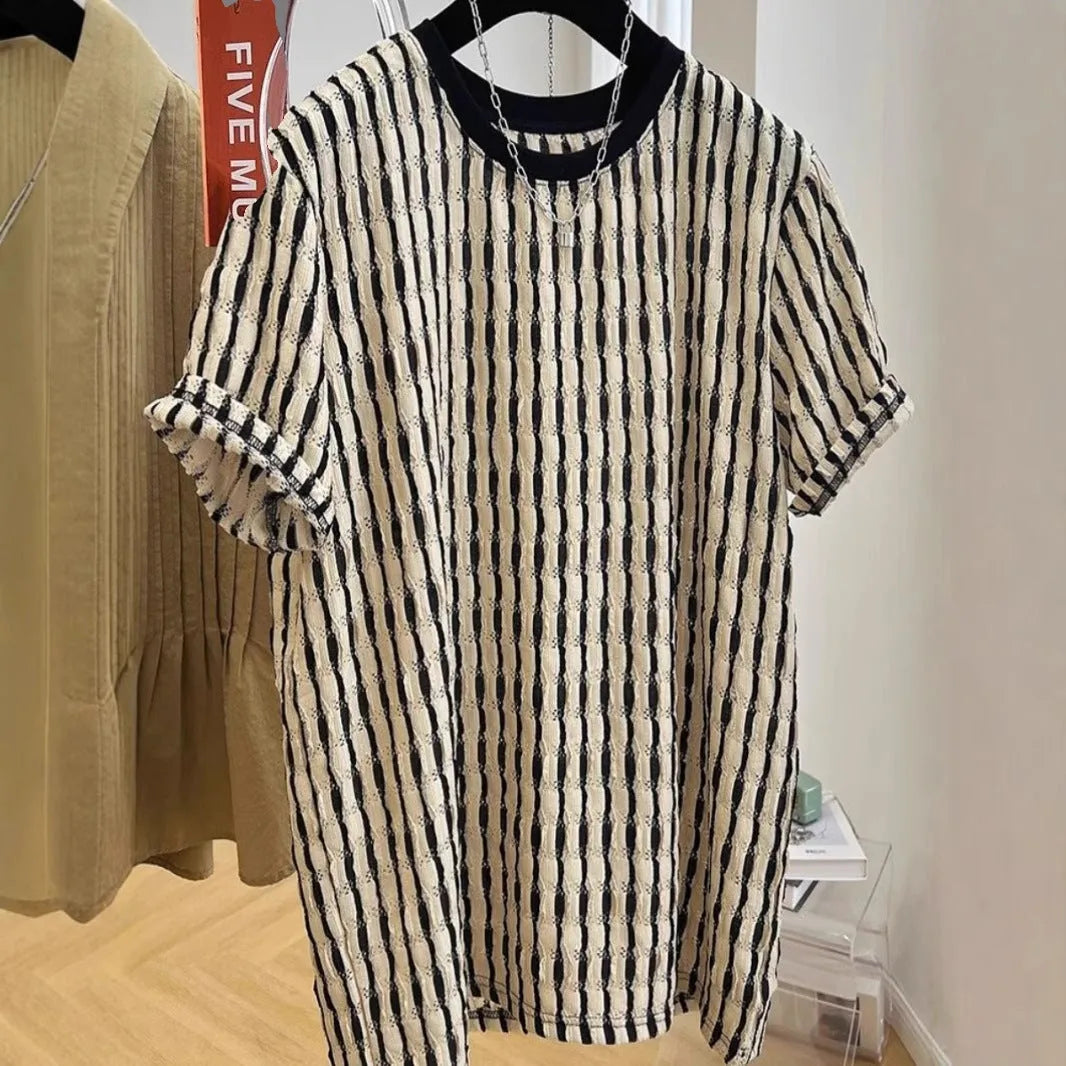 Men's black striped linen short sleeve shirt in loose pullover style