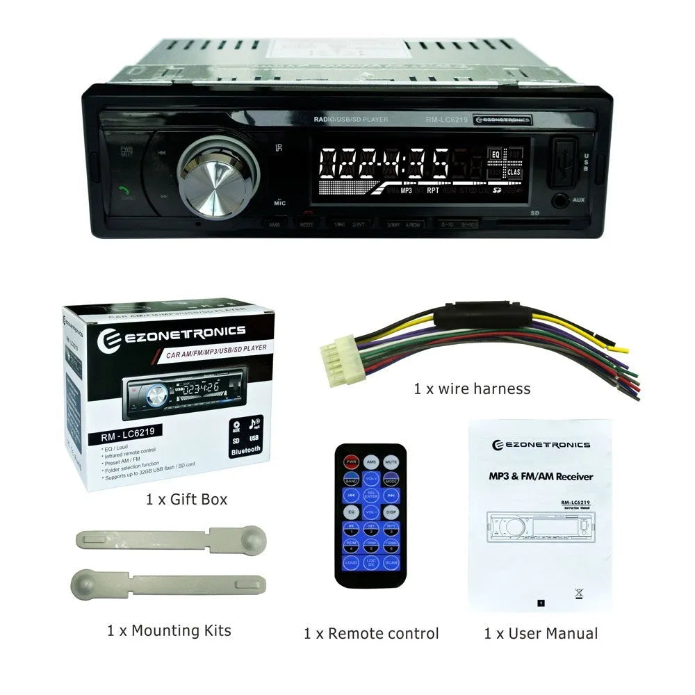 Car stereo receiver with Bluetooth, USB port, SD card slot, and display screen