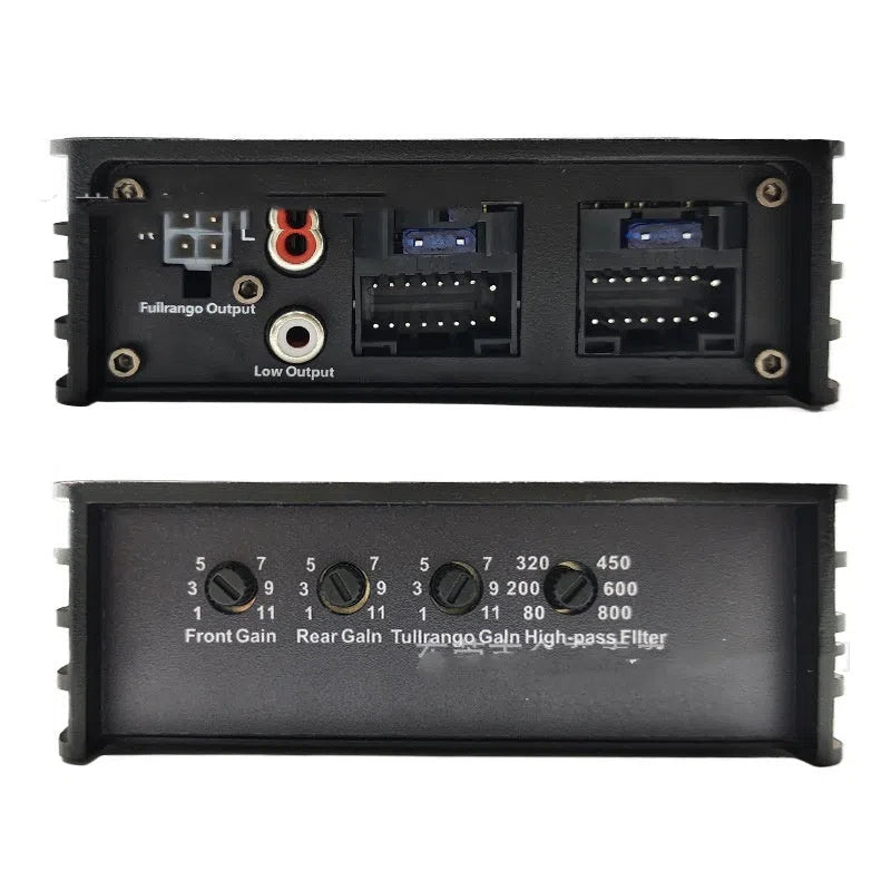 Black car DSP amplifier audio processor, 12 x 12 x 4cm, 12V, eight 75W channels, 105dB signal-to-noise ratio.