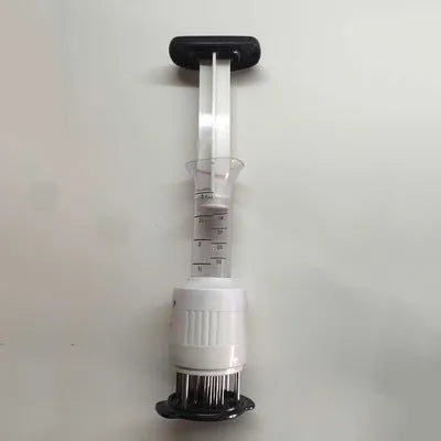 Stainless steel meat tenderizer injector with food-grade needle, 22.5 cm height, on white background