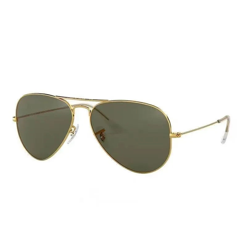 Tempered glass sunglasses with UV protection in gold, silver, and black frame colour options