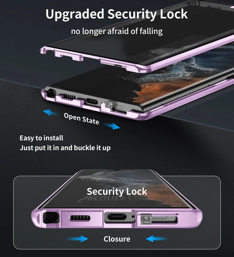 Metal magnetic phone case with mirror screen for Samsung Galaxy S24 Ultra in multiple colour options.