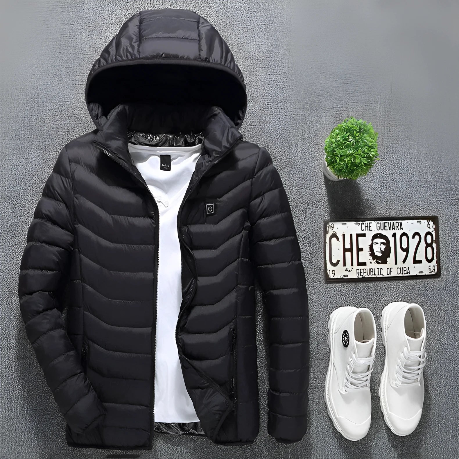 USB heated jacket in Black Zone 8 with hood and zipper, sizes S to 6XL
