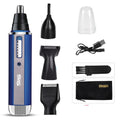 Blue, black, and silver electric shaver for trimming beard, sideburns, and nose hair.