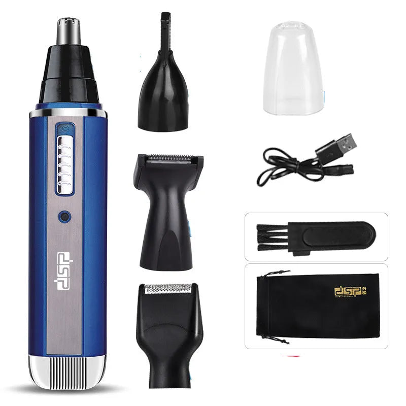 Blue, black, and silver electric shaver for trimming beard, sideburns, and nose hair.