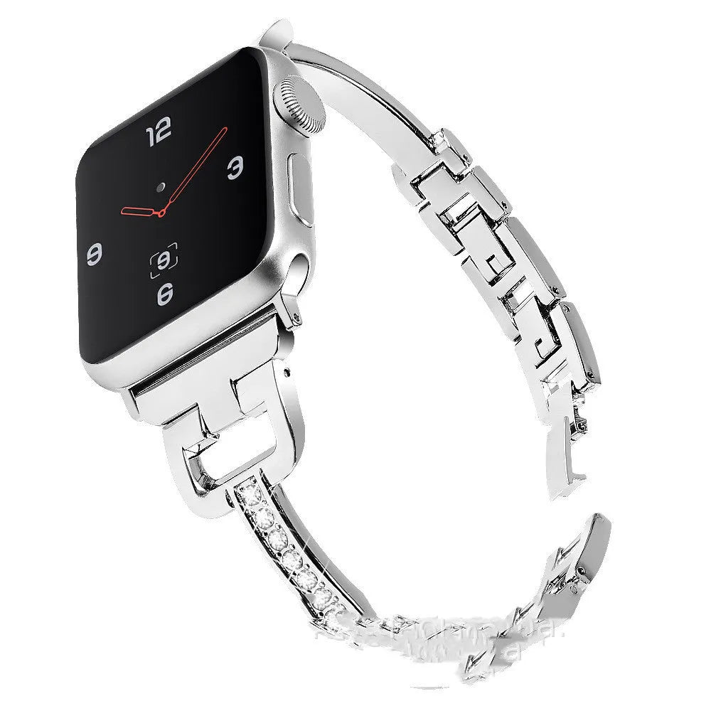 Apple Watch metal strap with diamond pattern in D-shaped connector design showing multiple colour options