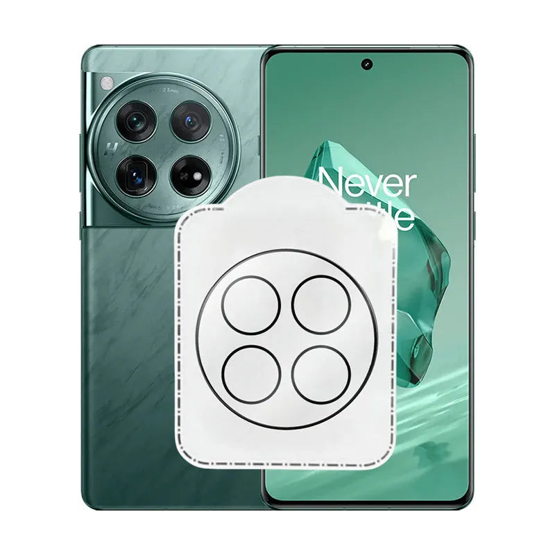 Tempered glass screen and camera lens protector for OnePlus 12, Find N3, and OnePlus 11 smartphones with black ring design.