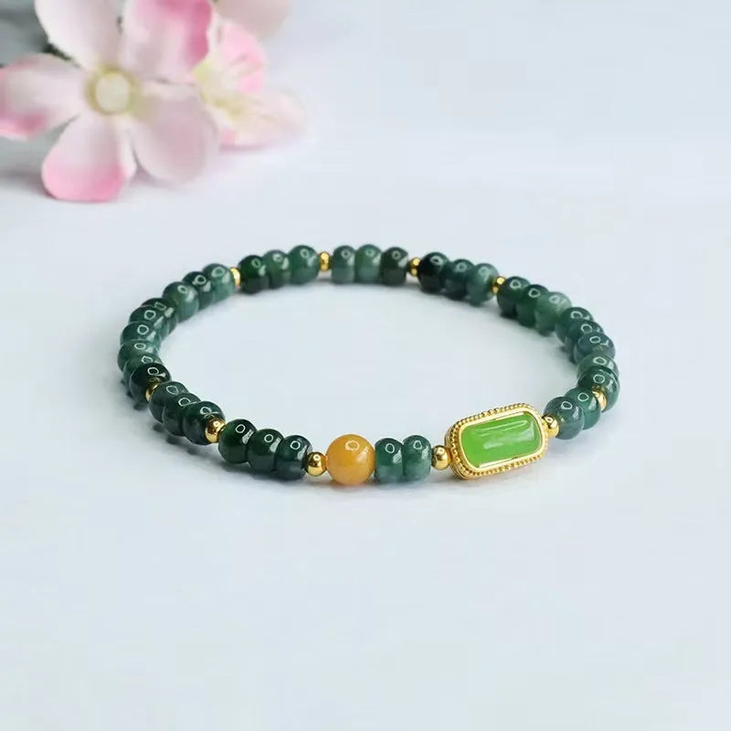 Natural stone blue water jade beaded bracelet for women with electroplated metal accents and geometric design