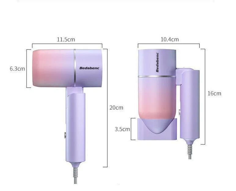 Portable folding low power ABS hair dryer in blue with folding handle and two-pin plug