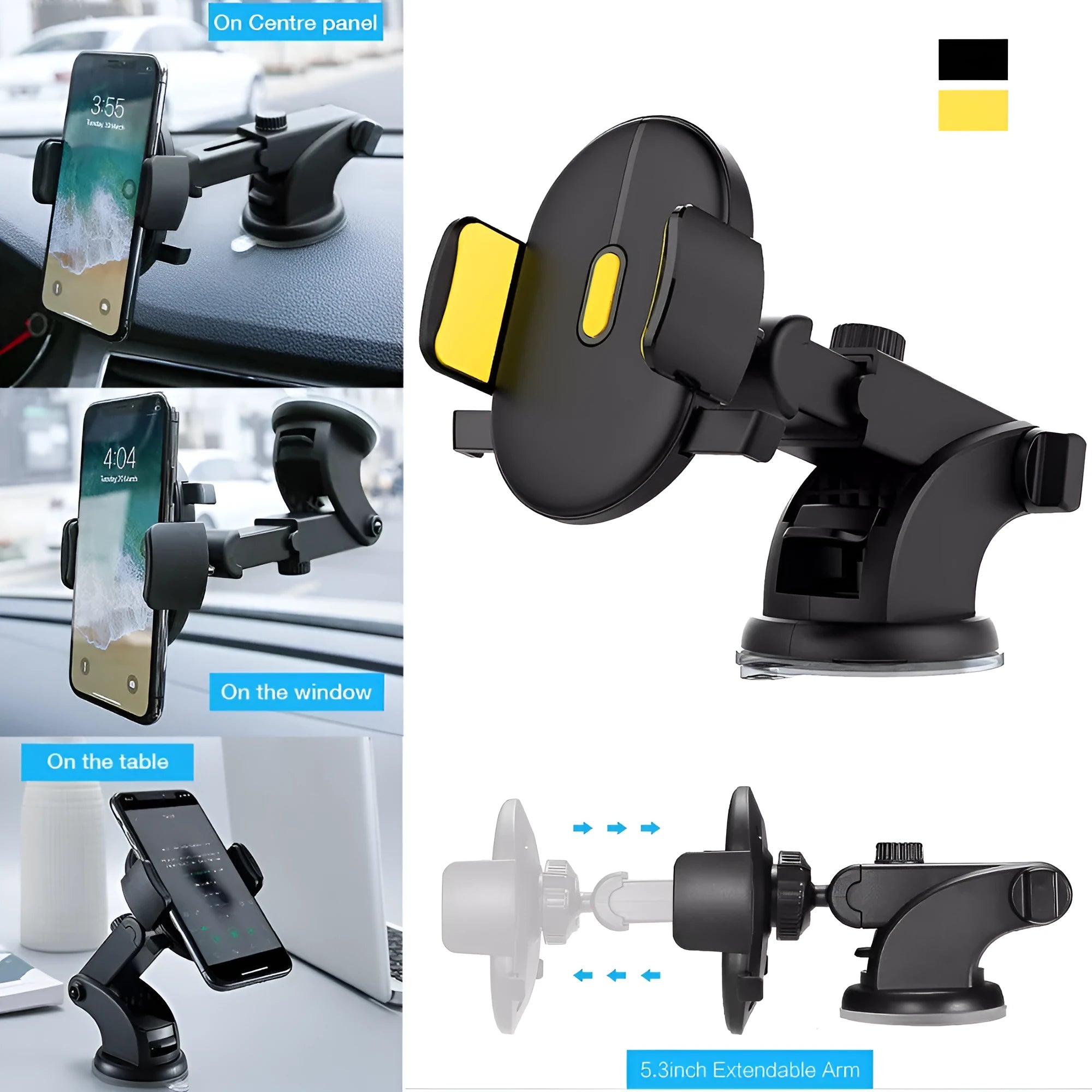 Yellow and black telescopic car phone holder with suction cup mounted on a dashboard.