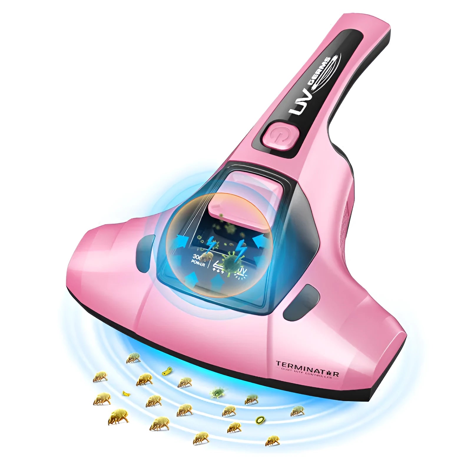 Handheld vacuum cleaner mite remover in pink colour with UK plug and replacement head attachments