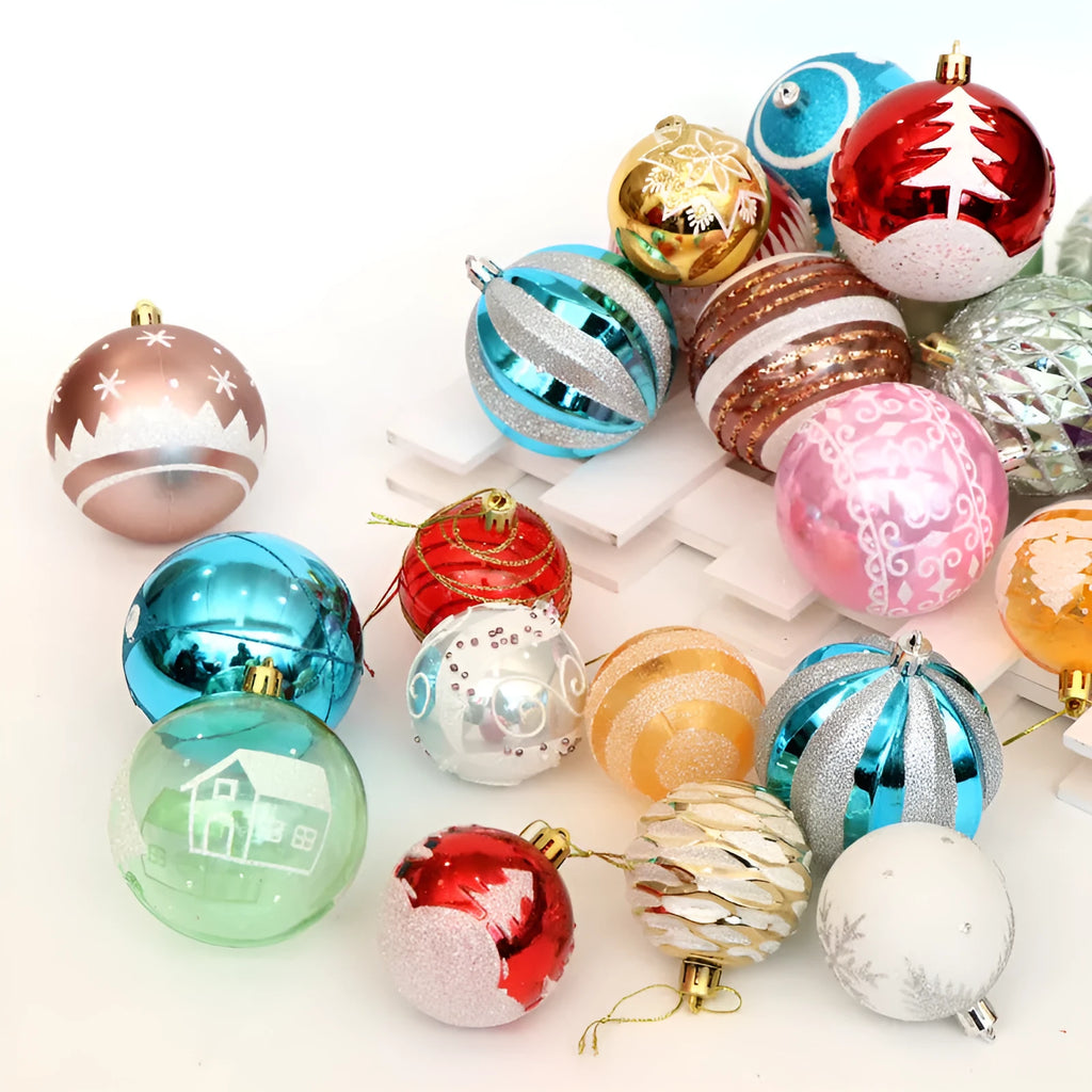 Set of 6cm metallic PVC Christmas ball ornaments in various colours including red, gold, silver, and blue.