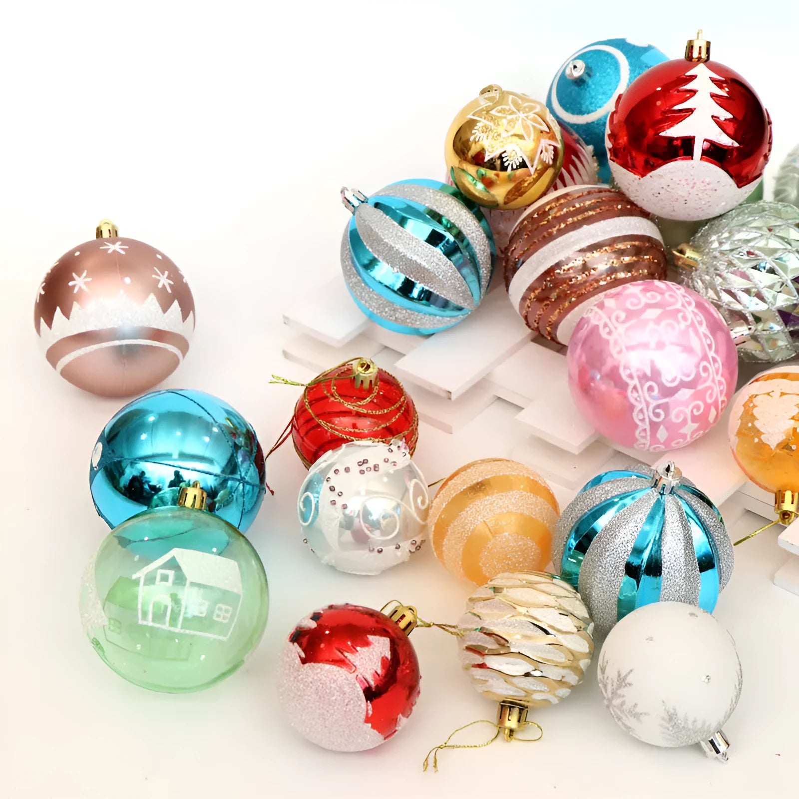 Set of 6cm metallic PVC Christmas ball ornaments in various colours including red, gold, silver, and blue.