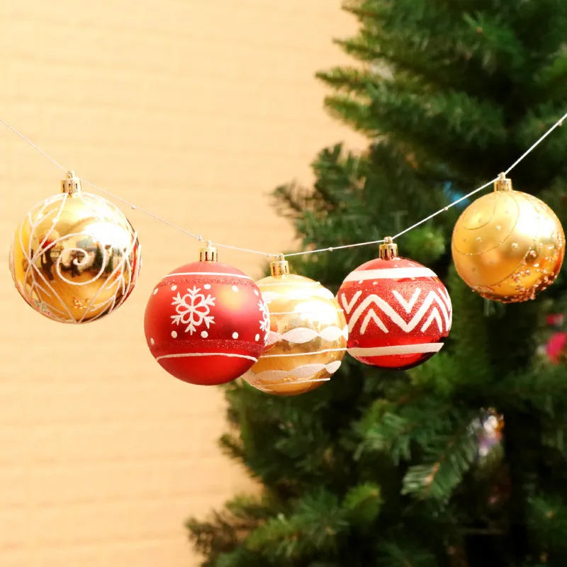Set of 6cm metallic PVC Christmas ball ornaments in various colours including red, gold, silver, and blue.