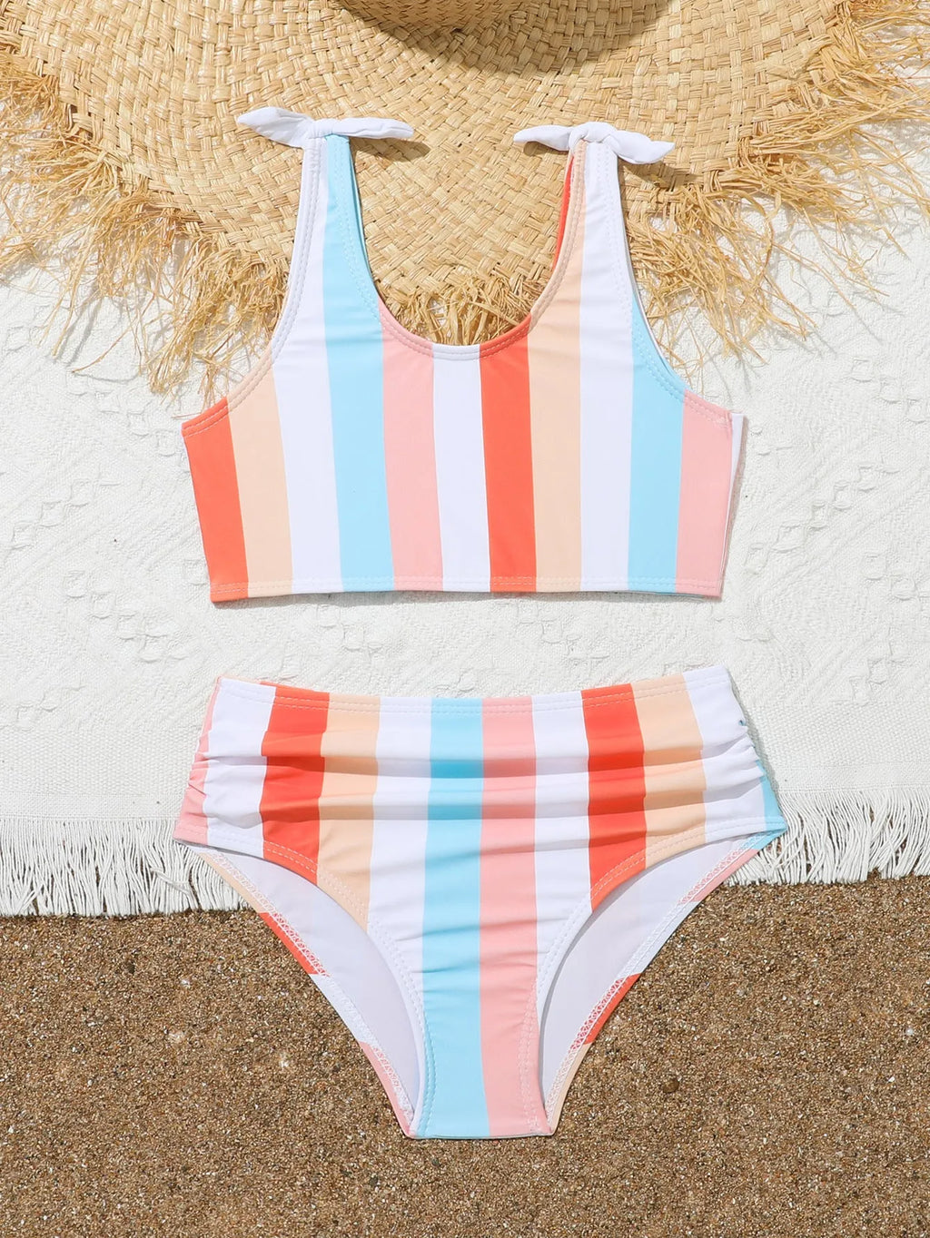 Girls' plaid print two-piece swimsuit briefs set with a bra top, made from polyester.