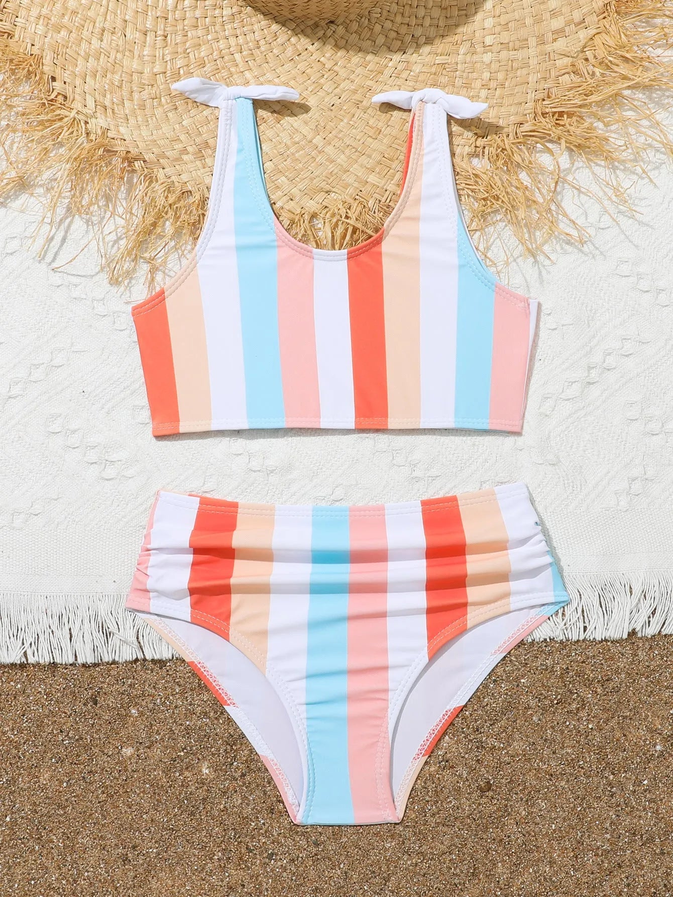 Girls' plaid print two-piece swimsuit briefs set with a bra top, made from polyester.