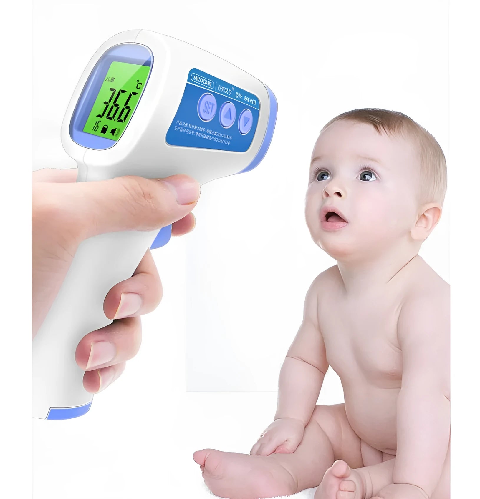 White non-contact infrared forehead thermometer RAK-FI03 on a plain background showing the sensor and display