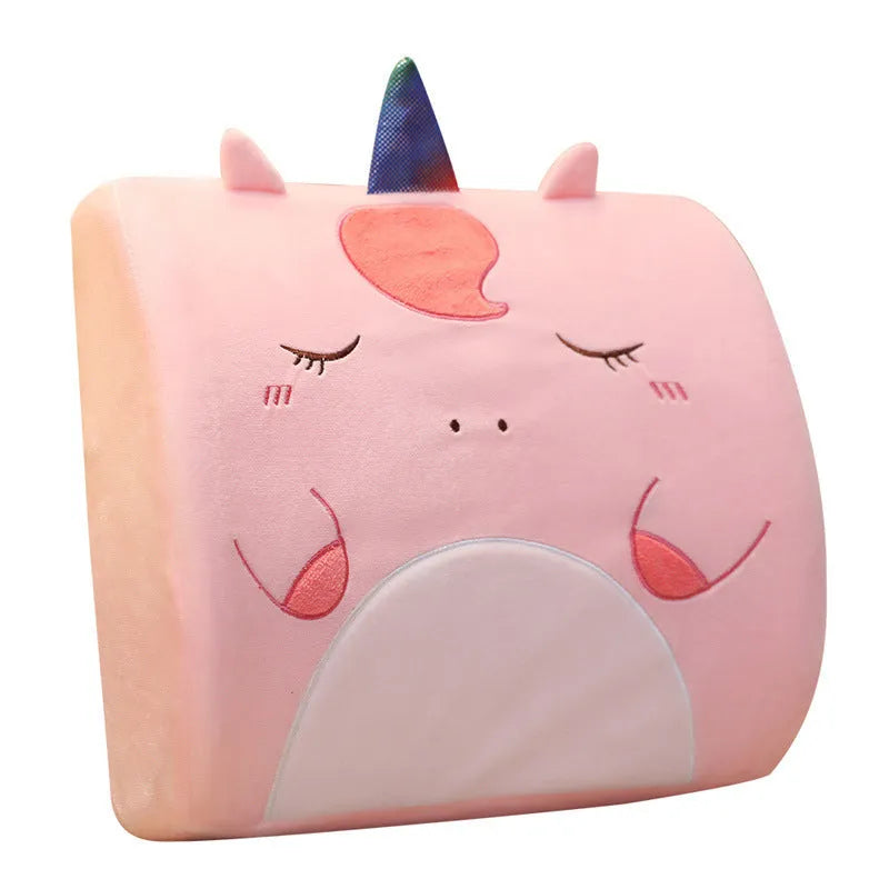 Cartoon memory foam lumbar support cushion with removable grey cat design cover on office chair