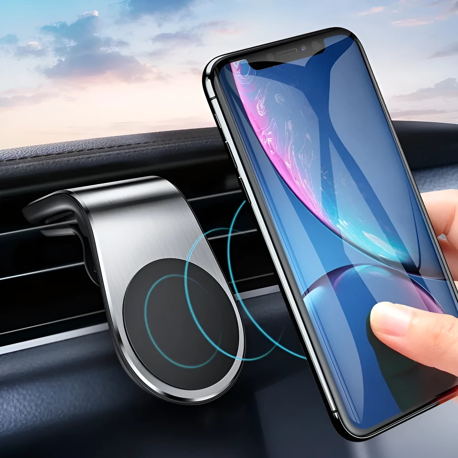 Black car phone bracket mounted on a vehicle air vent, holding a mobile phone in landscape orientation.