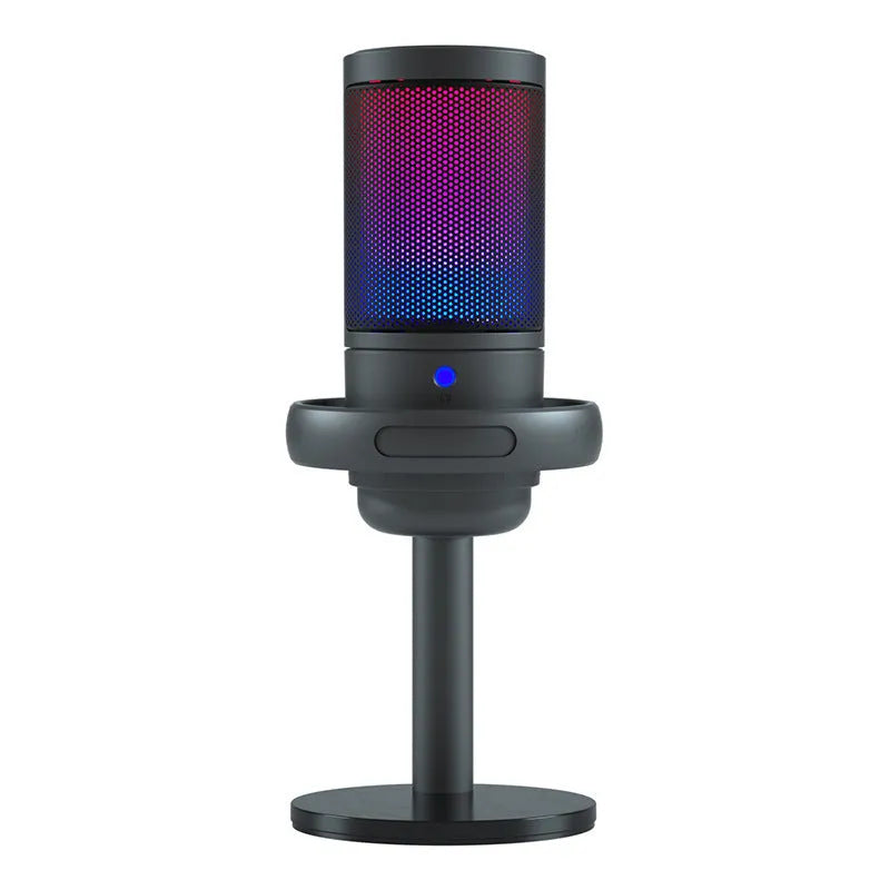 USB condenser microphone with colourful RGB lighting on a black cantilever arm, for desktop streaming and recording.
