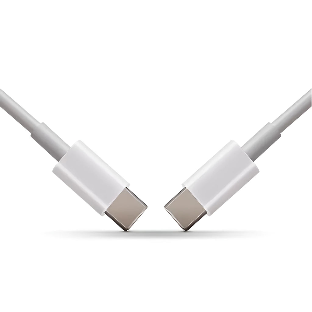 White USB-C to USB-C charging and data cable for Apple MacBook laptop, shown in 1 metre and 1.5 metre length options.