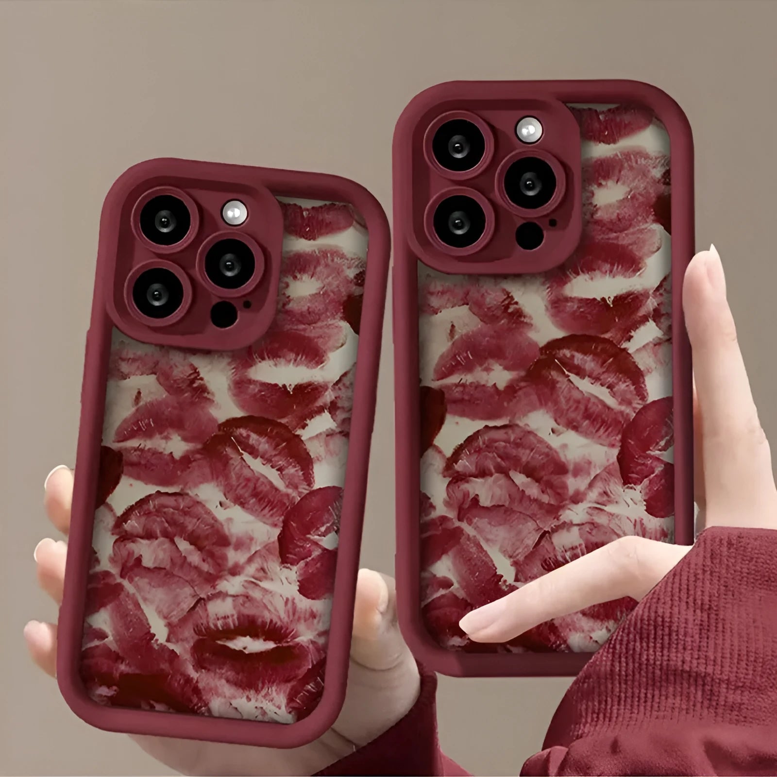 Wine red TPU phone case with red lip print frosted finish for Apple iPhone