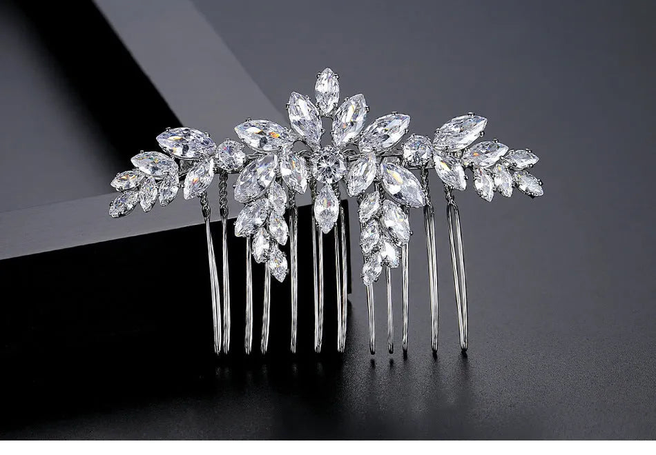 Copper bridal hair accessory with inlaid zircon stones in flower shape, electroplated finish