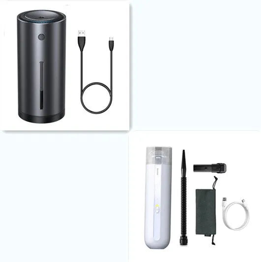 Starry sky black handheld cordless car vacuum cleaner with blowing hose accessory on a desktop.