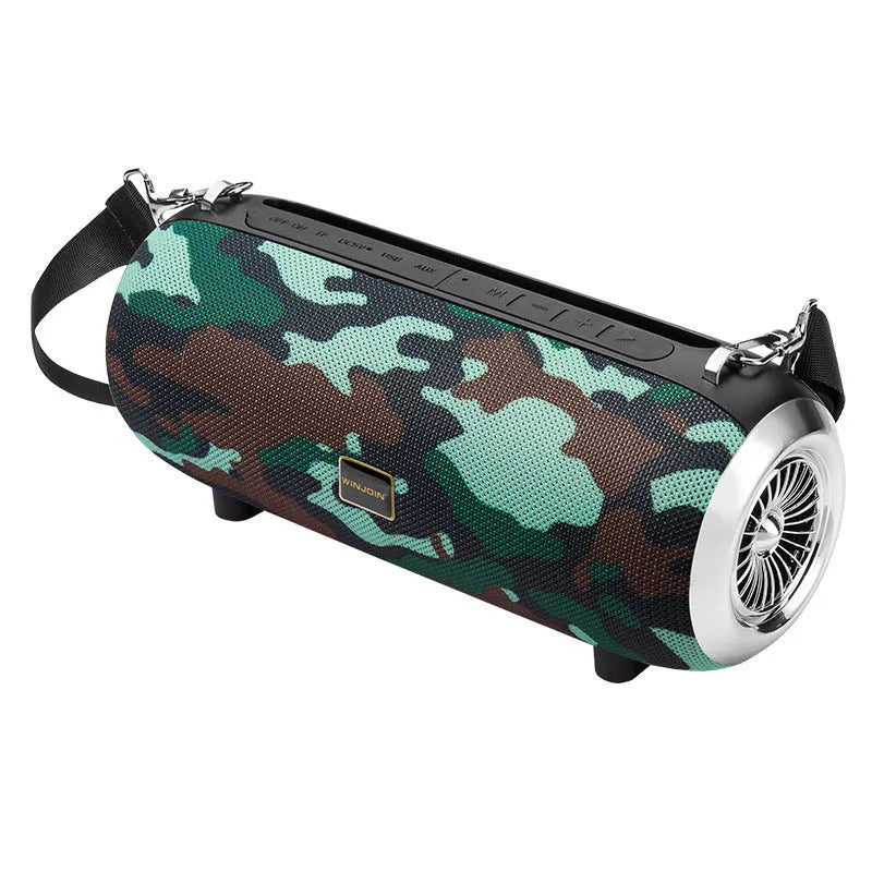 F666 mini portable Bluetooth speaker in black with fabric mesh finish, shoulder strap, and retractable FM antenna.