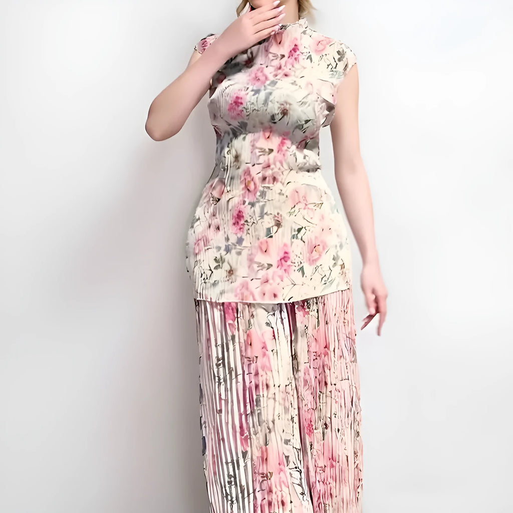 Long sleeve printed chiffon co-ord set with high waist dress and separate top.