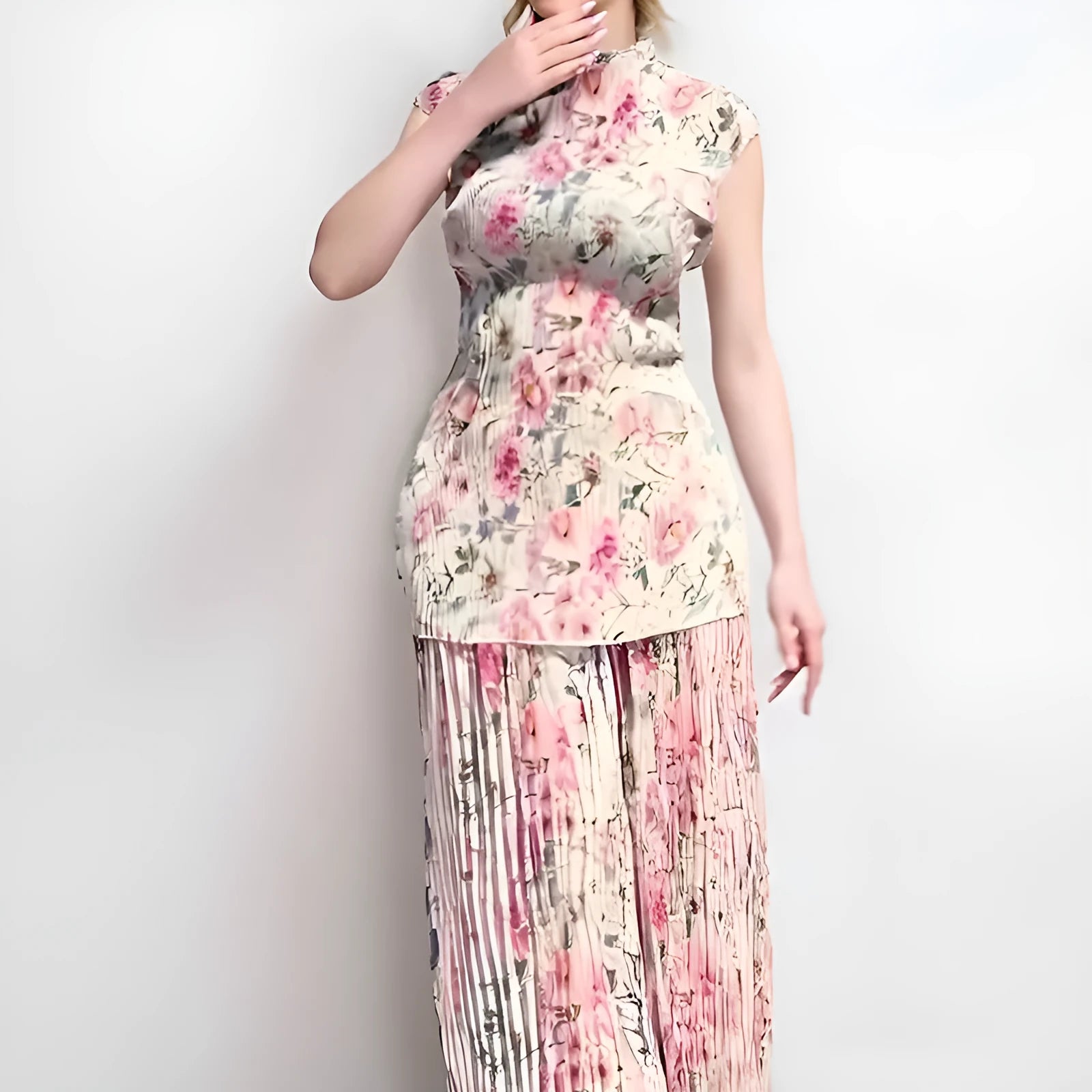 Long sleeve printed chiffon co-ord set with high waist dress and separate top.