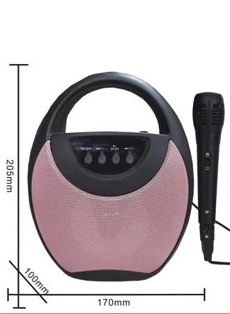 A portable Bluetooth speaker in black, blue, or pink plastic casing with USB and SD card slots.